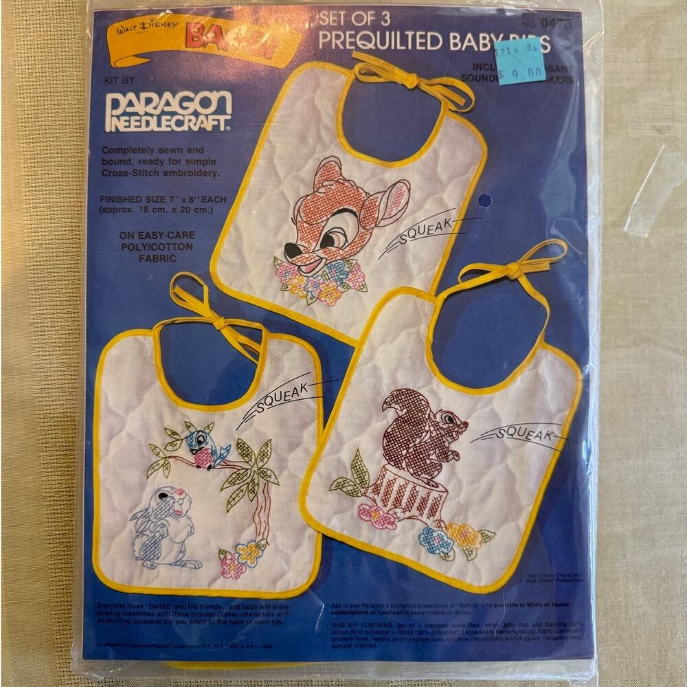 Paragon Needlecraft Bambi Set of 3 Prequilted Baby Bib Cross Stitch Kit 0473 Vtg